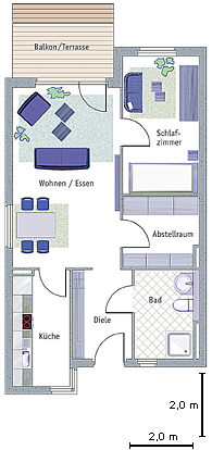 Grundriß Wohnung 1, Gesamtwohnfläche 60 qm, Wohnungstyp 2-Zi A des Haus Berge an der Germaniastraße 11/13